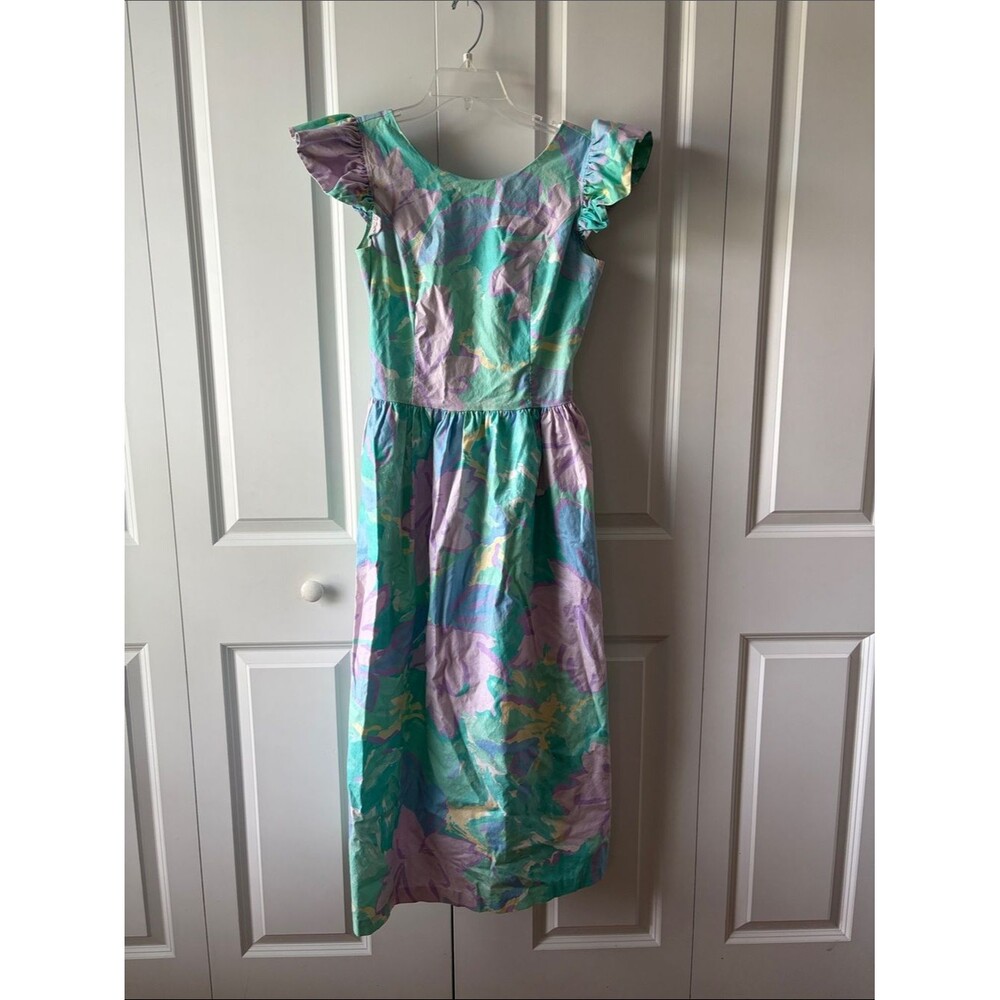 Vintage 90's Misty Lane Pastel Floral Midi Dress in Mint & Lavender Size 9/10